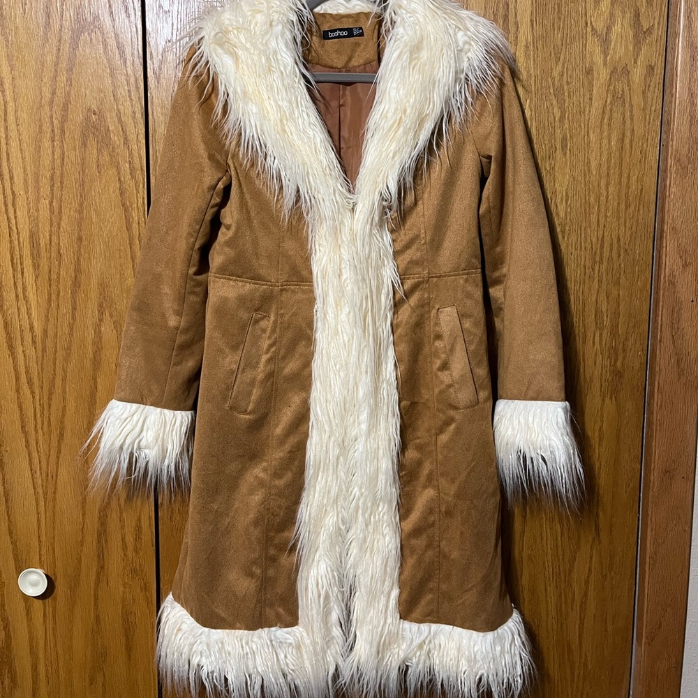 Boohoo Tan Faux Fur Trim Coat